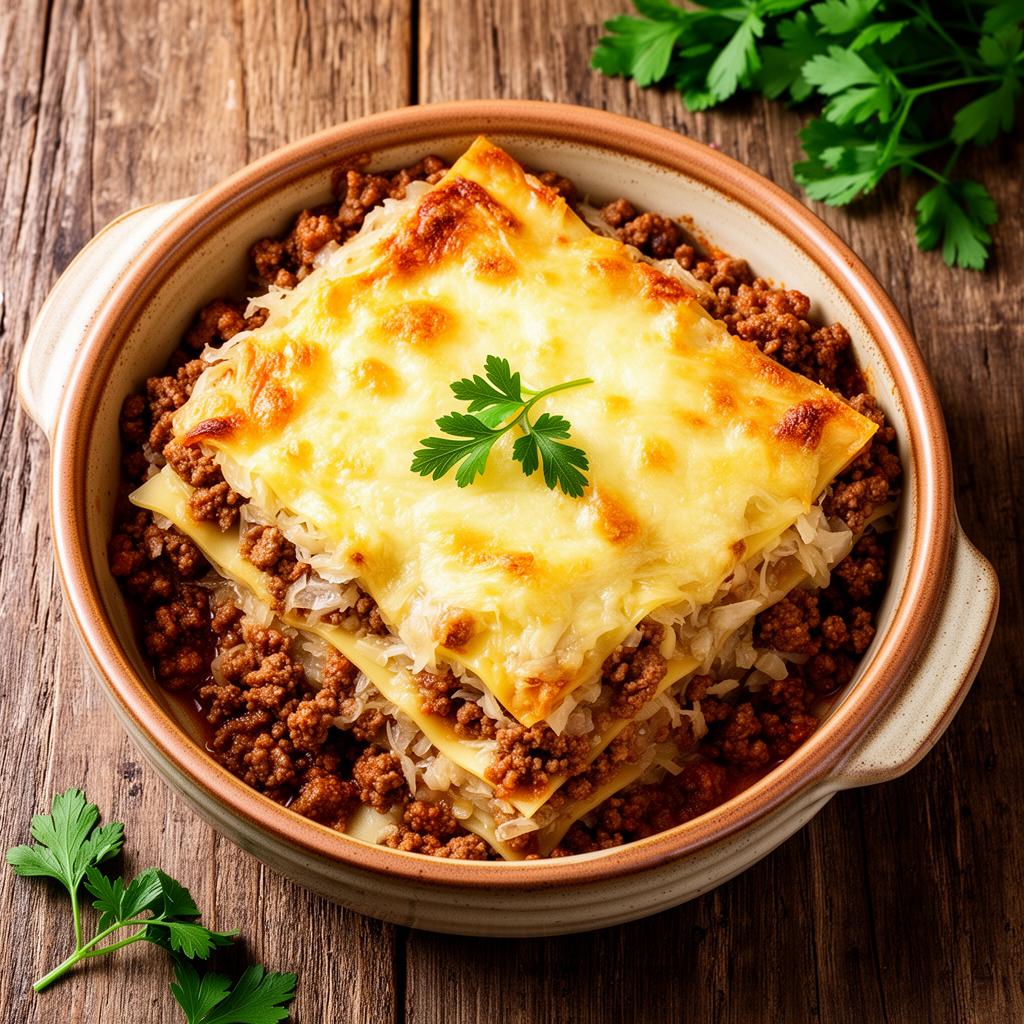 Hessische Lasagne mit Hackfleisch und Sauerkraut, mit Käse überbacken
