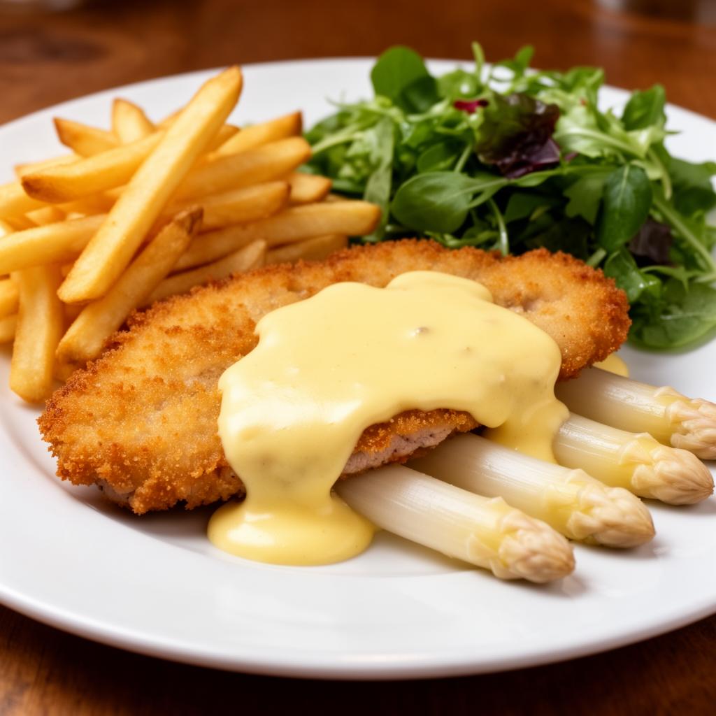 Paniertes Spargel-Schnitzel mit Sauce Hollandaise, Pommes und Salat